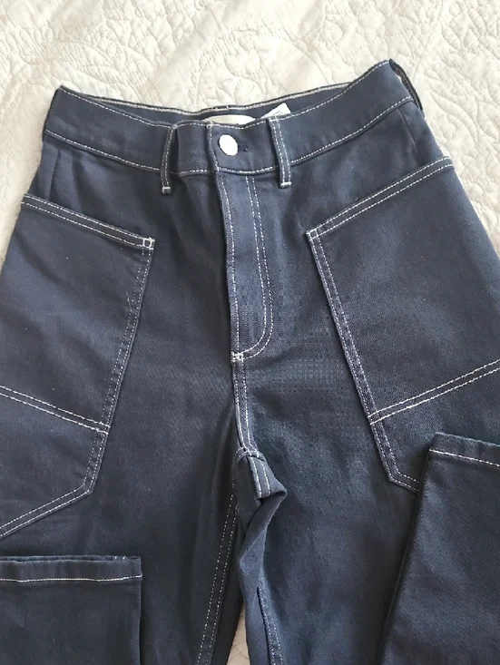 Everlane The Gardener Navy High-Rise Wide Leg Pants with White Stitching - Picture 2 of 7